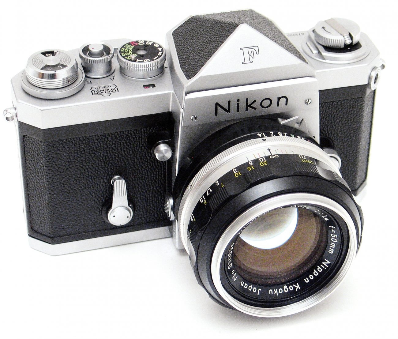 Silver Nikon F camera