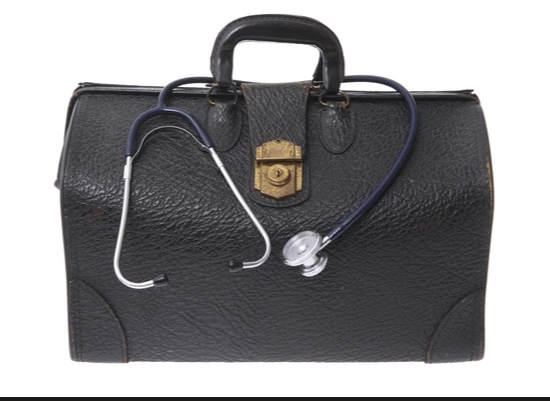 Black leather doctor's medical bag with stethoscope