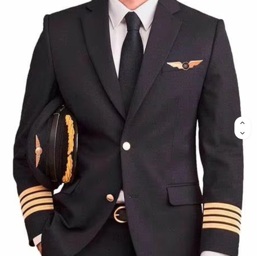 Commercial airline pilot uniform dark navy jacket with gold stripes and wing insignia