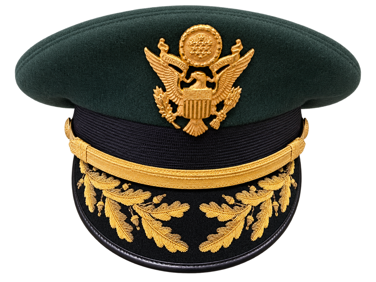 US Army officer dress cap with gold eagle insignia and oak leaf embroidery on visor