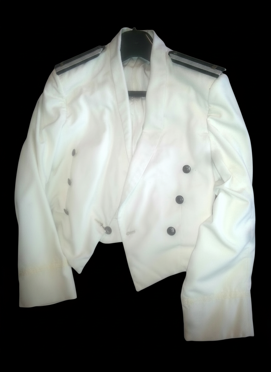 White double-breasted dinner jacket with black epaulettes and silver buttons