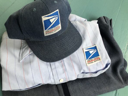 USPS postal service cap, pinstripe shirt, and jacket with United States Postal Service patches