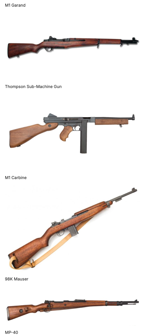 Five prop replica rifles — M1 Garand, Thompson Sub-Machine Gun, M1 Carbine, 98K Mauser, MP-40 — non-firing replicas for film and TV