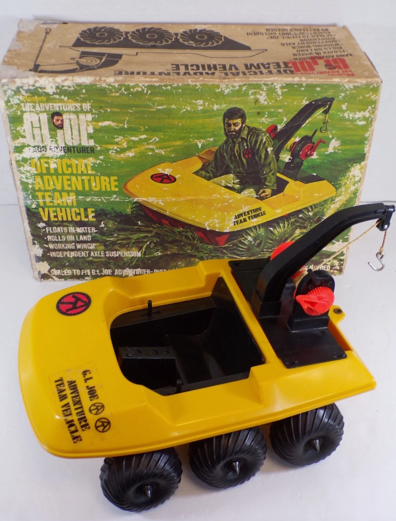 1973 Hasbro GI Joe Official Adventure Team Vehicle — yellow amphibious craft with working winch, six all-terrain wheels, original box