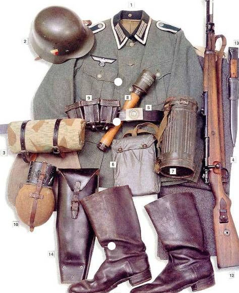 WWII German infantry full kit with tunic helmet boots rifle binoculars gas mask and accessories