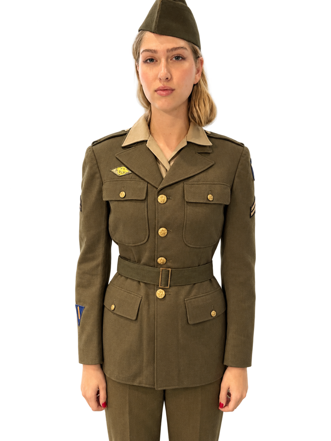 Women's Army Corps WAC uniform — olive drab wool tunic with gold buttons, garrison cap, and division patch