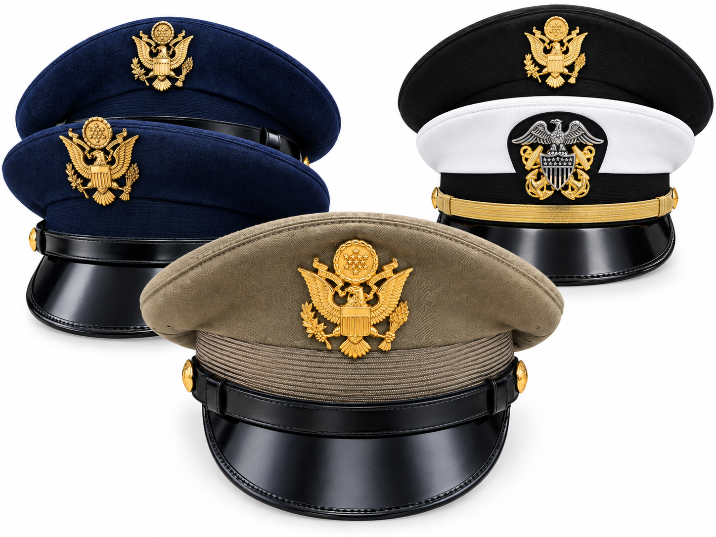 US Military officer caps collection Army Air Force and Navy with gold insignia
